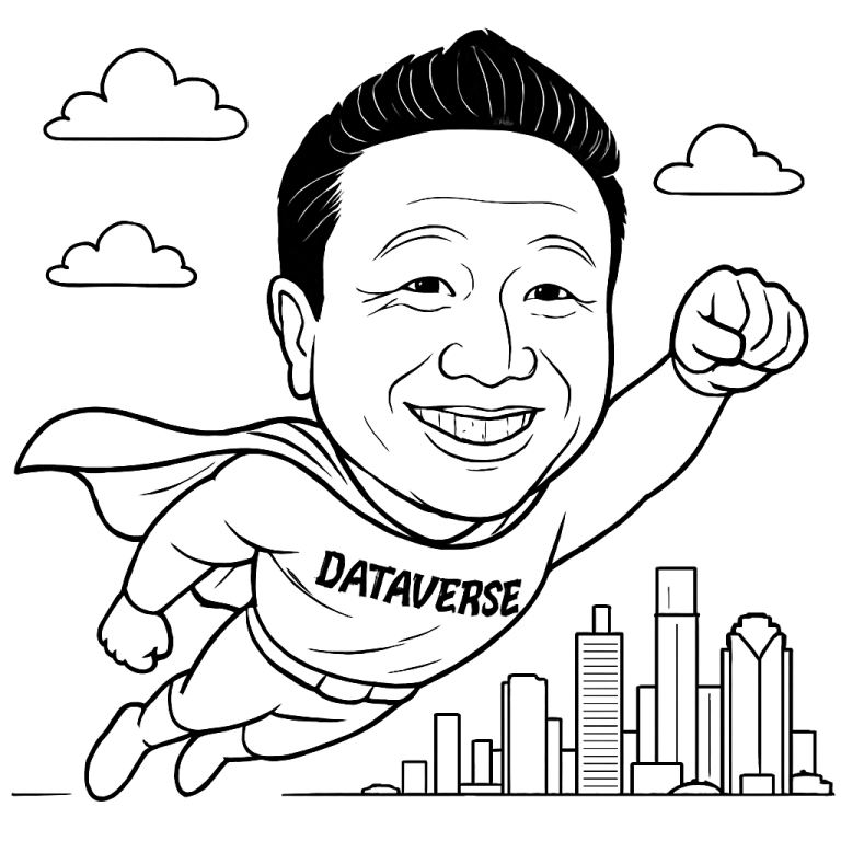 Live caricature sketch of a man as a superhero over the Houston skyline for a Dataverse event