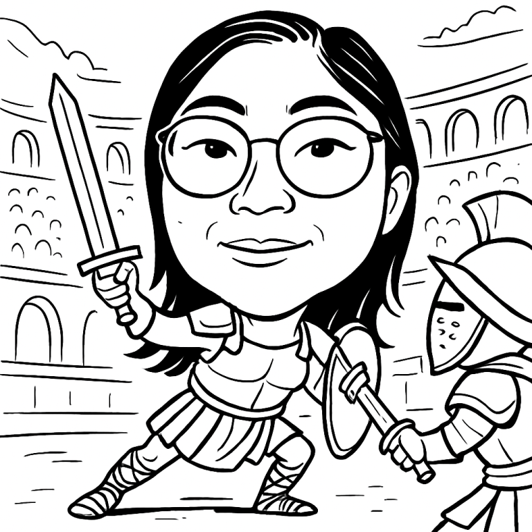 AI Drawbot line-art caricature of a woman as a gladiator