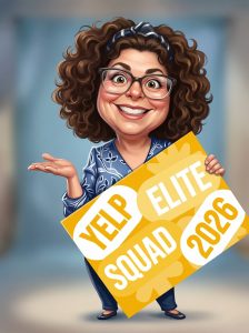 AI caricature of a guest holding a Yelp Elite Squad 2026 sign by Flashbar Activations