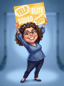 AI caricature of a guest holding a Yelp Elite Squad 2026 sign by Flashbar Activations
