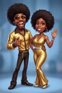 AI caricature of a couple in gold disco outfits by Flashbar Activations
