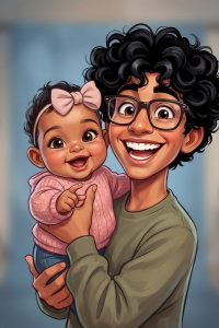 AI caricature of a parent holding a baby by Flashbar Activations