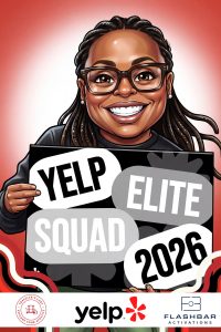 AI caricature of a guest holding a Yelp Elite Squad 2026 sign by Flashbar Activations