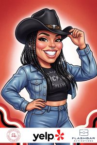 AI caricature of a woman in a cowboy hat, Yelp event by Flashbar Activations