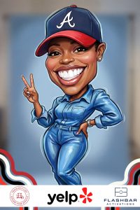 AI caricature of a woman in an Atlanta Braves cap, Yelp event by Flashbar Activations