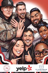 AI group caricature of guests at a Yelp event by Flashbar Activations