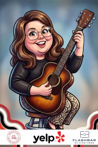 AI caricature of a woman playing guitar, Yelp event by Flashbar Activations