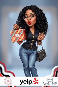 AI caricature of a woman with an H-E-B bag, Yelp Elite event by Flashbar Activations