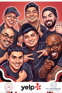 AI group caricature of guests at a Yelp event by Flashbar Activations