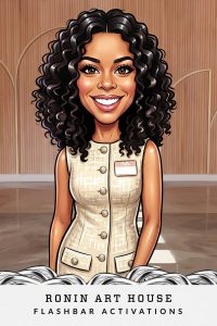 AI caricature of a woman from a Ronin Art House event by Flashbar Activations