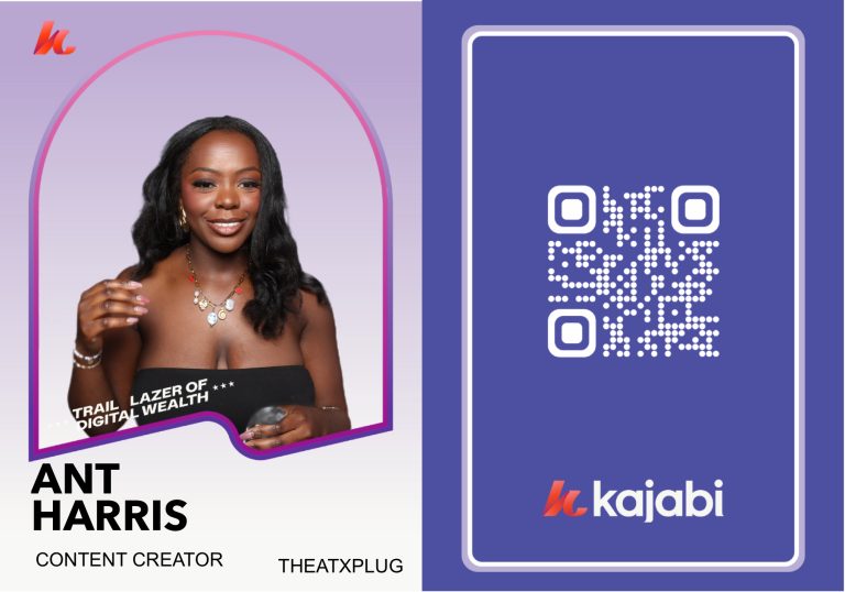 Branded Kajabi event trading card from a Flashbar photo booth featuring content creator Ant Harris, with a scannable QR code